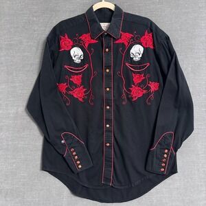 Vintage Rockmount Ranch Wear Shirt L Black Red Roses Skulls Western Snap Smiley